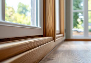 Close-up of skirting boards beneath window with blurred French doors in background